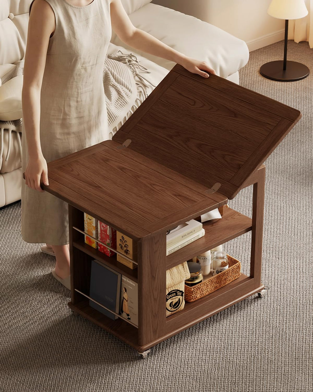 Expandable Coffee Table with Hidden Storage and Adjustable Shelves Walnut