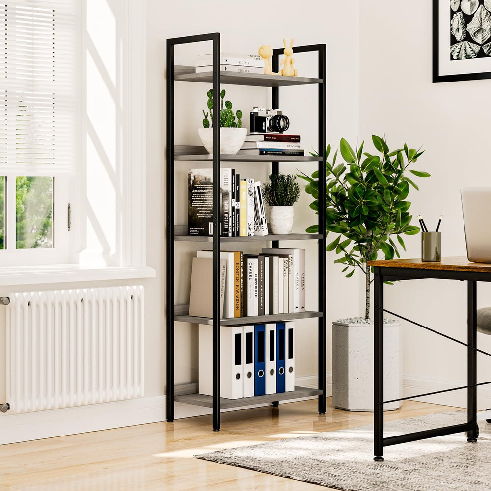 NUMENN Bookshelf, 5 Tier Freestanding Shelving Unit, Grey