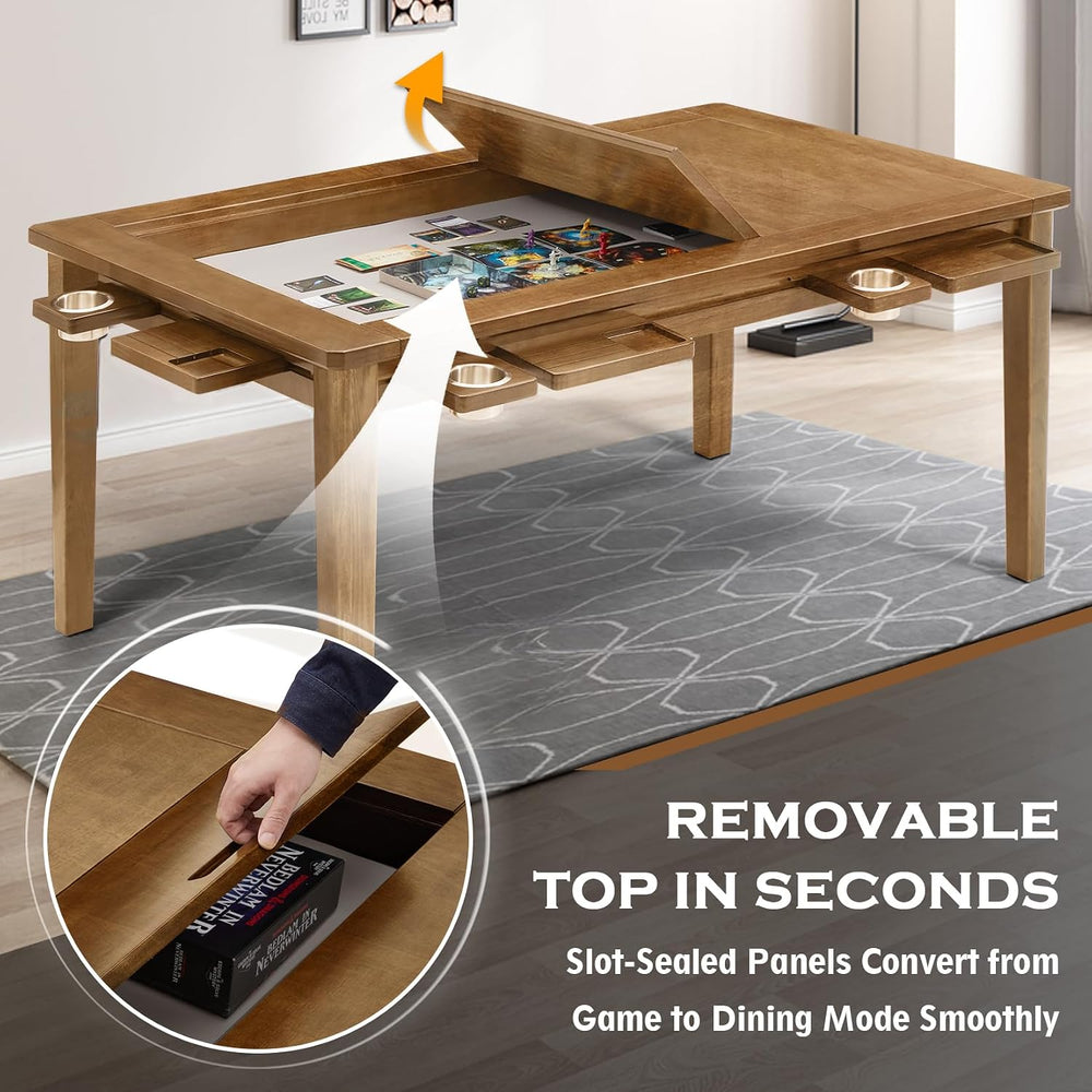 63"x39" Board Game Table with Removable Top Solid Wood Dining/Gamin...