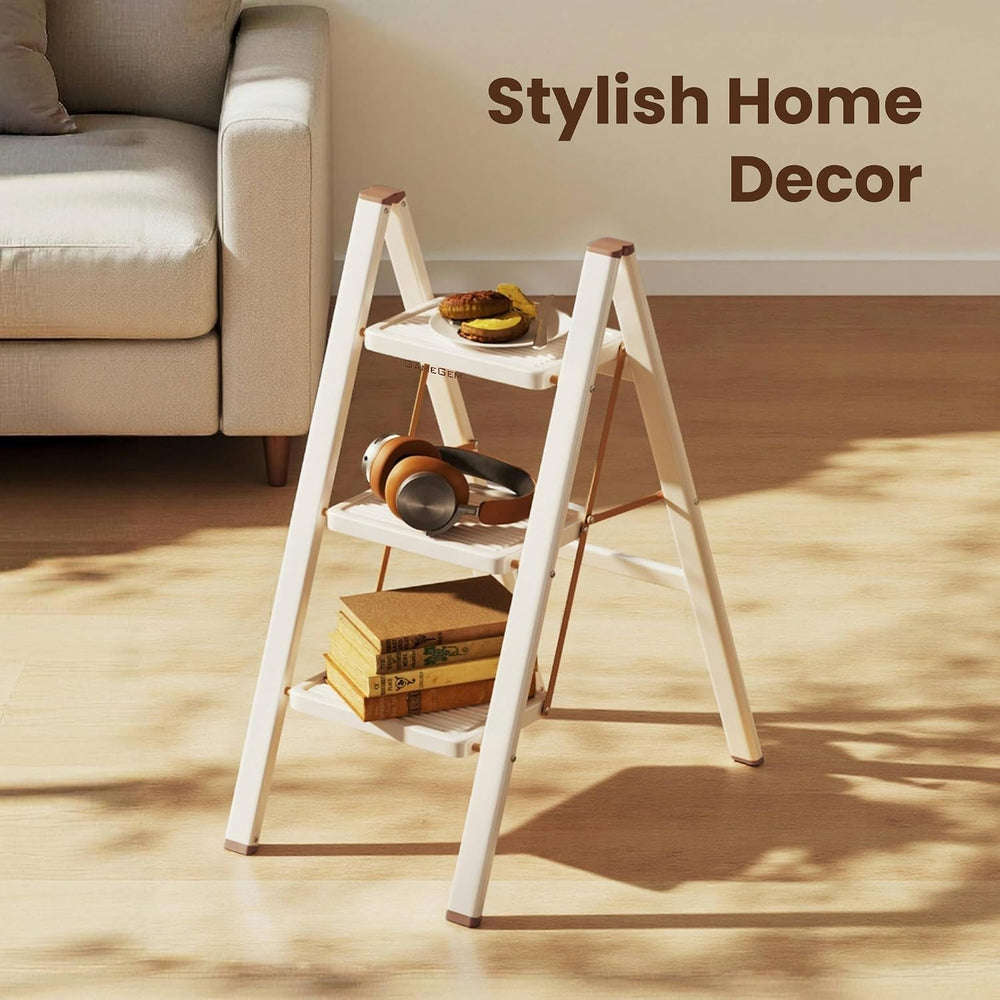 3 Step Ladder, Foldable 3 Step Stool, Cream Chocolate