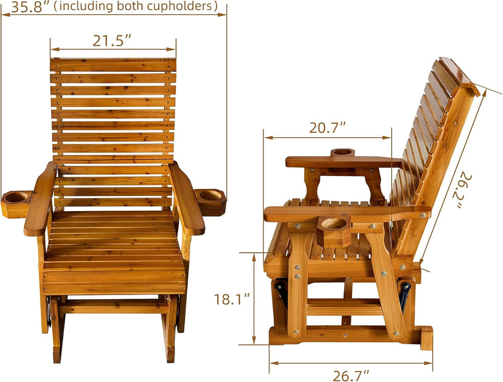 Fortune Candy Wooden Glider Chair with Cup Holders, Brown, 1-Seater