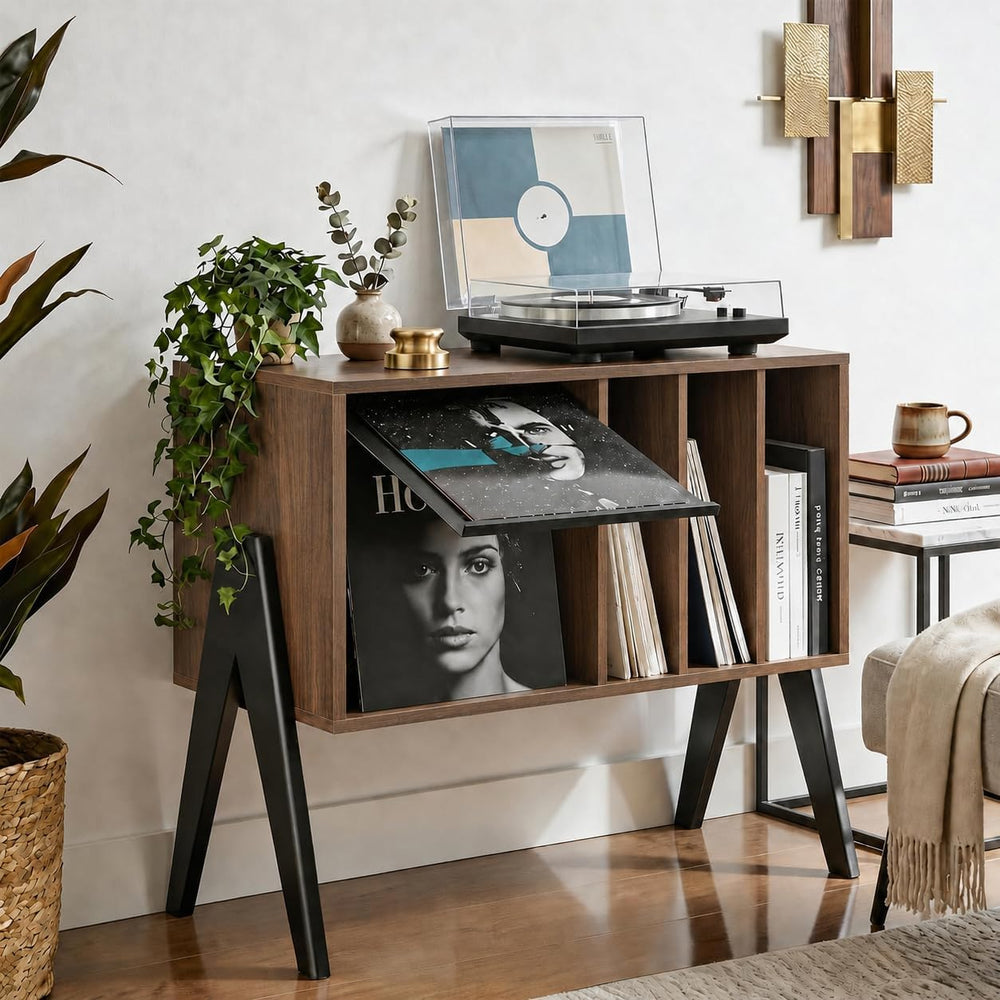 Record Player Stand with Vinyl Storage Cabinet, 32'' Mid Century Mode...