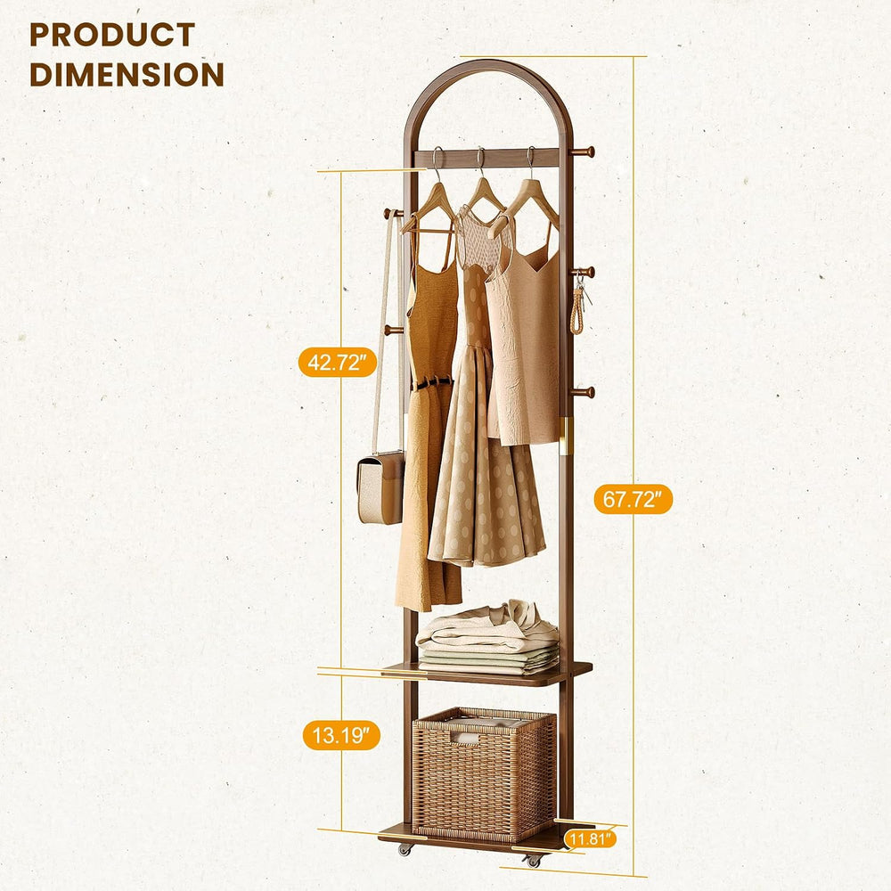 15.9" Narrow 3-in-1 Rolling Clothing Rack,Wooden Coat Rack with Wheels, ...