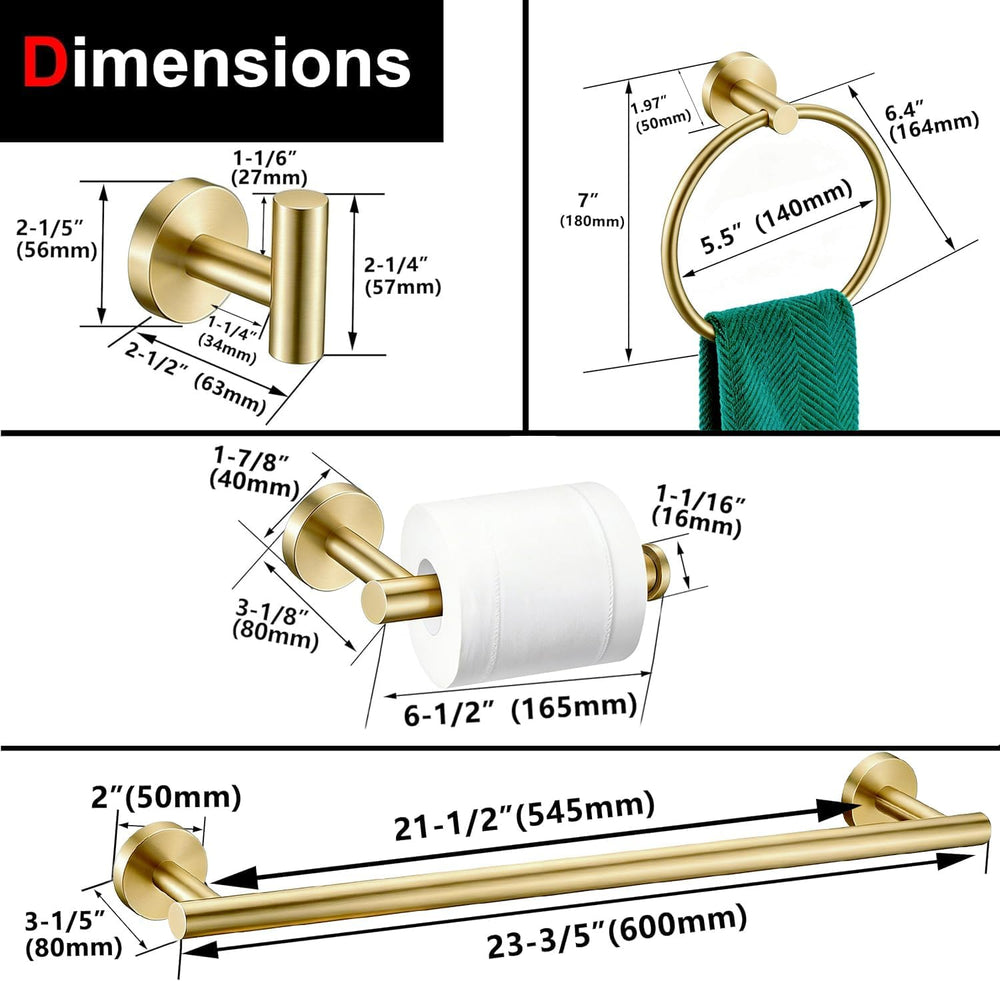 6 Pieces Brushed Gold Bathroom Hardware Accessories Set, SUS304 Stainless Ste...