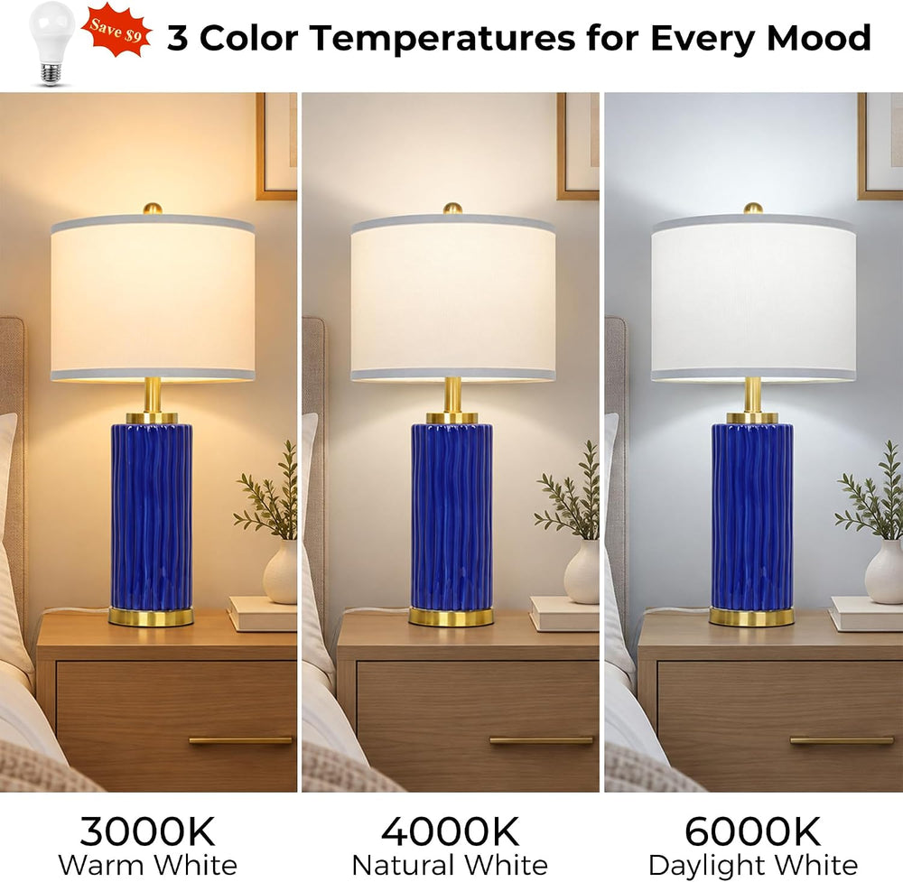 JUNNAI 25'' Navy Blue Ceramic Table Lamp, 3 Color Temperature Bulb In...