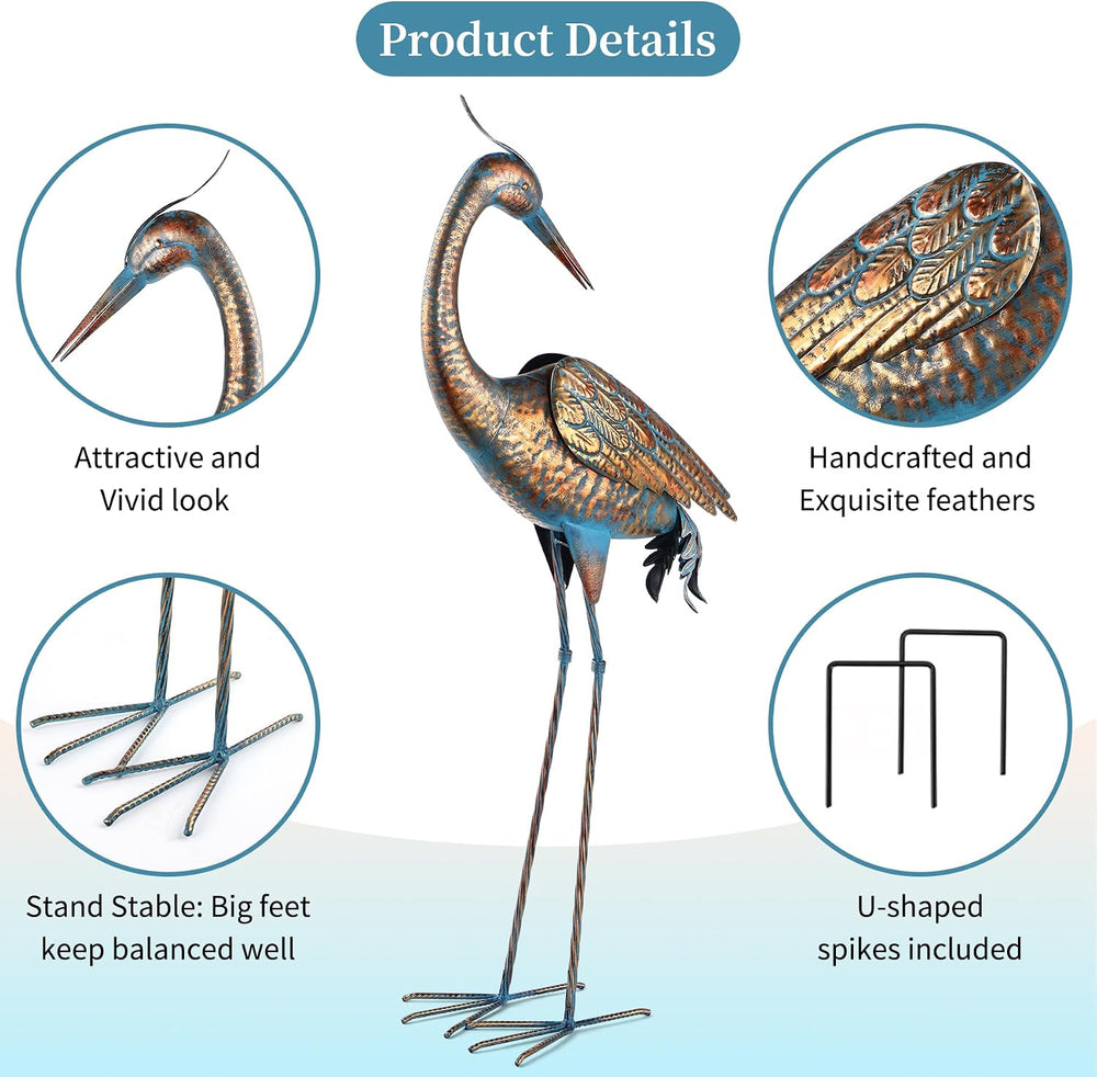 chisheen Garden Crane Statues Blue Heron Metal Yard Art Outdoor Decoration,La...