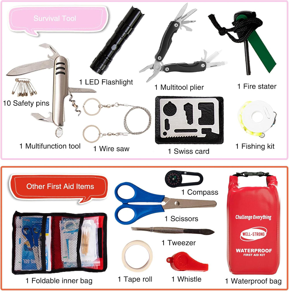 123pcs Waterproof Boat First Aid Kit with Survival Tools Red