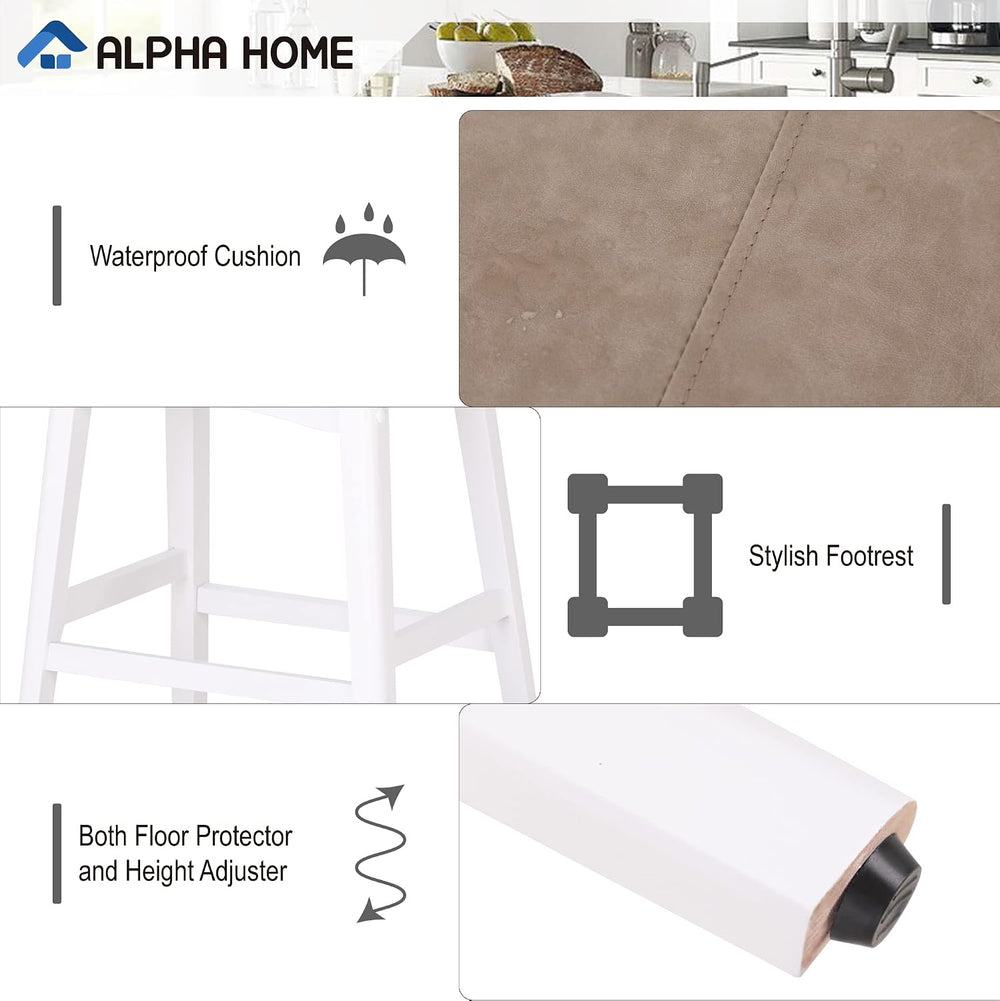 ALPHA HOME 24 Inch Bar Stools Set of 2, Solid Wood Saddle Kitchen Stools