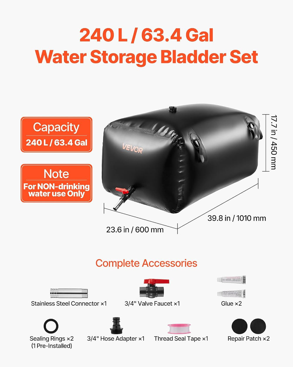 VEVOR Water Storage Bladder, 63.4 Gal Collapsible Water Storage Bag, Wear-Res...
