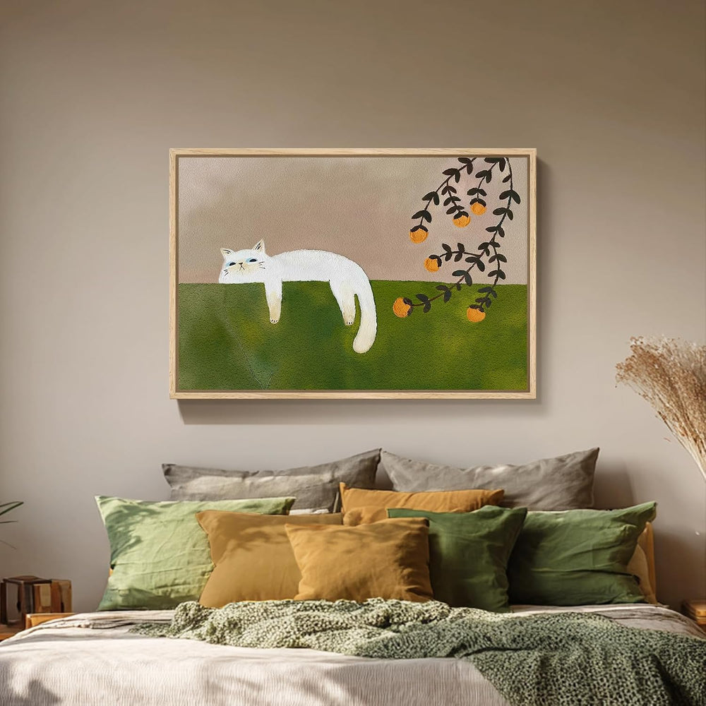 Large Framed Cozy Cat Neutral Green Canvas Wall Art Bedroom, 24x36 Inch