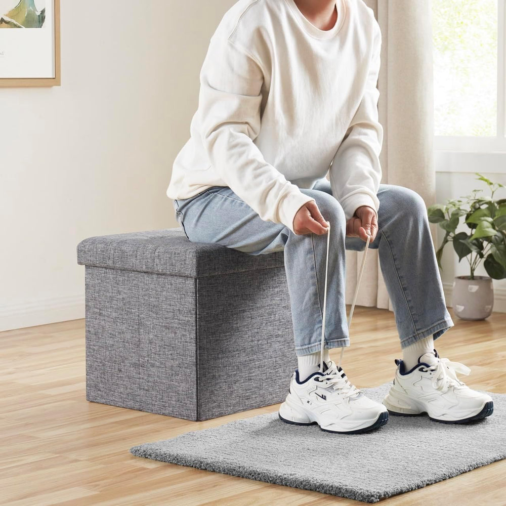 Ornavo Home 2 Pack 15 Inch Folding Storage Ottoman Cube, Linen, Gray