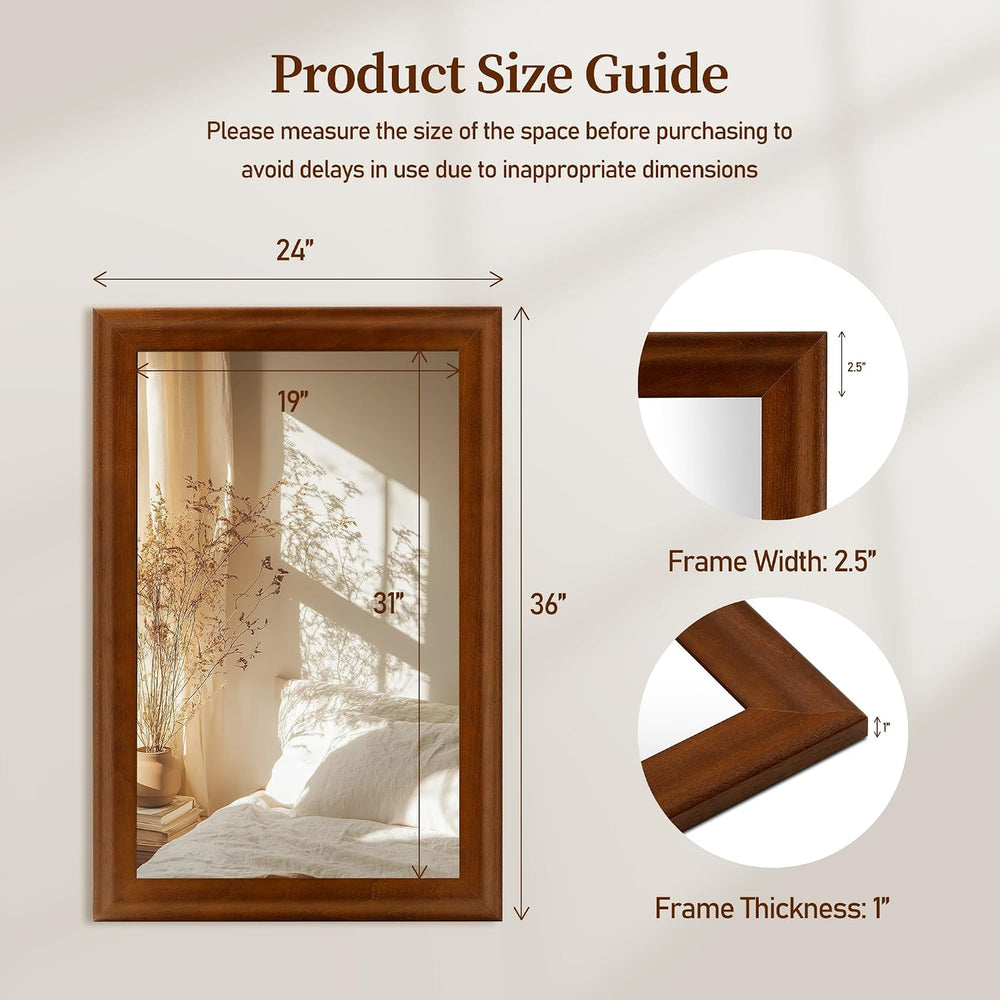 Rectangle Bathroom Mirror 24x36 Inch, Brwon Wood Grain Finish Mirrors