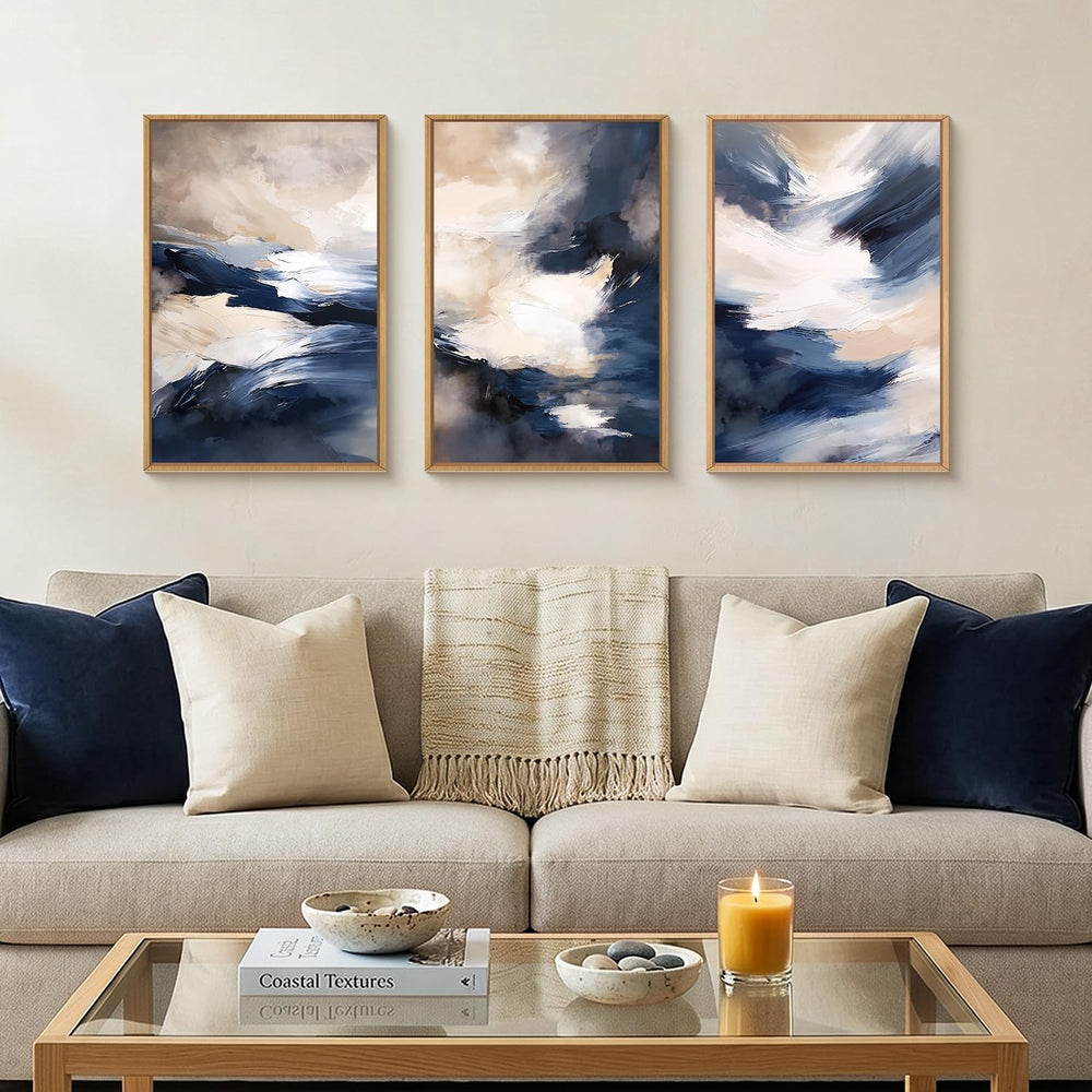 HLNIUC Blue Beige Abstract Wall Art Set of 3(16x24), Navy Brush Stroke Modern...