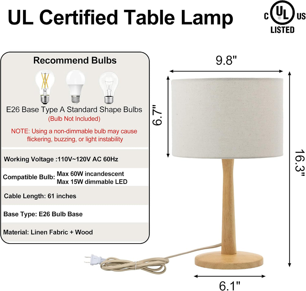 16.3” Natural Wood Table Lamp with Linen Drum Shade, E26 Base, Cream