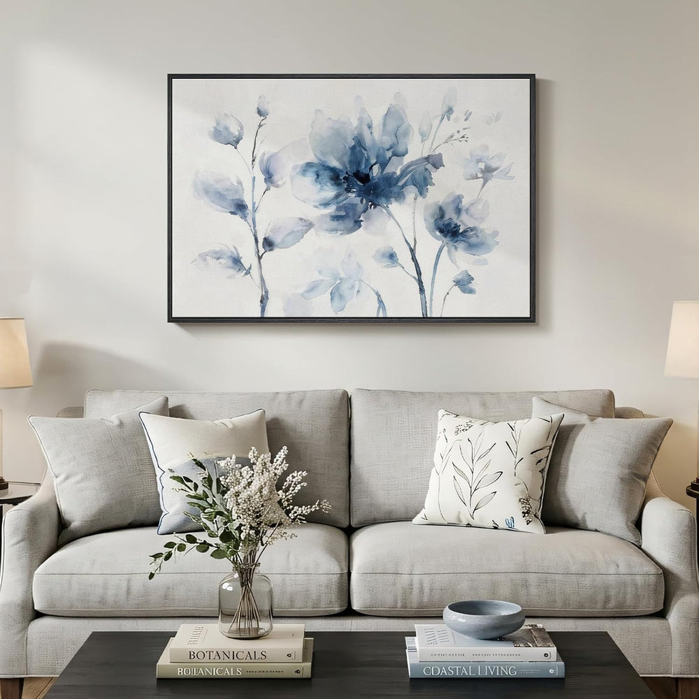 Framed Modern Minimalist Blue Pastel Floral Wall Art for Bedroom, 24x36 In