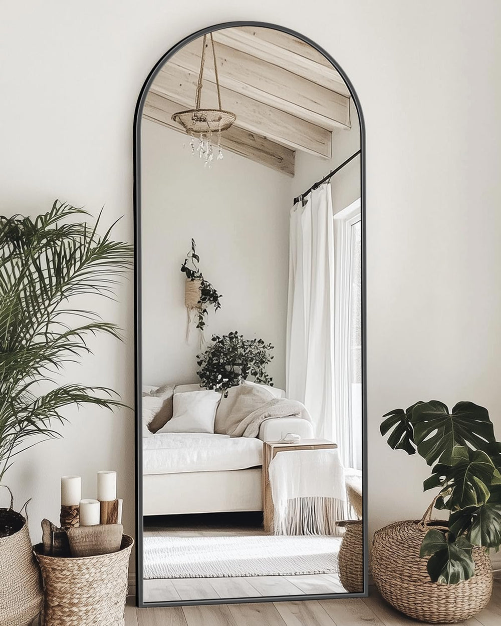 Suidia 58"x20" Arched Full Length Mirror with Stand, Black Floor Mi...