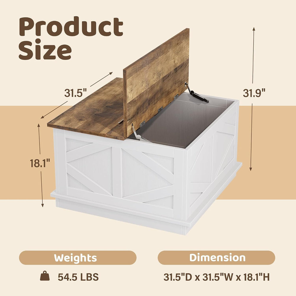 YESHOMY 31.5 Inch Square Farmhouse Coffee Table with Storage, White