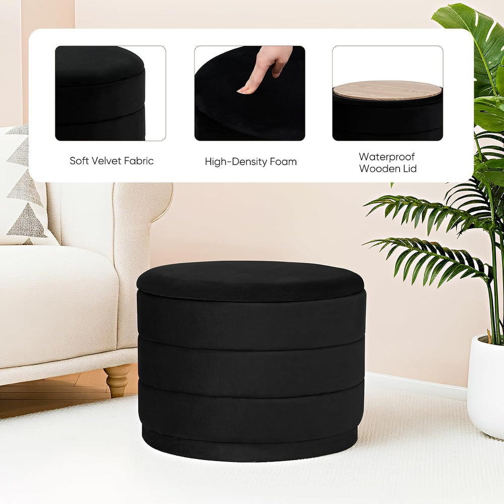 Round Storage Ottoman, 22.8 Velvet Footstool, Black