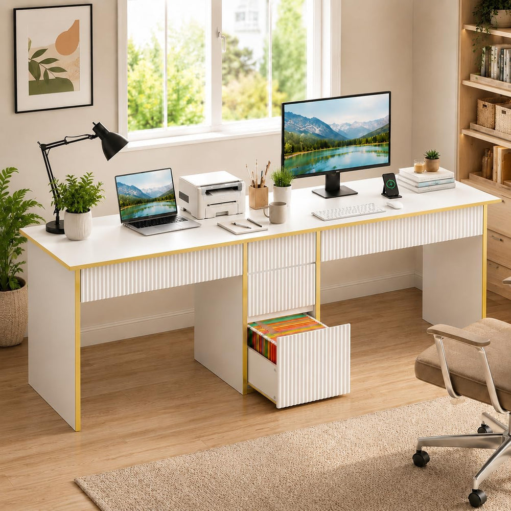 4 EVER WINNER 78" Two Person Computer Desk with 5 Drawers, White and Gold