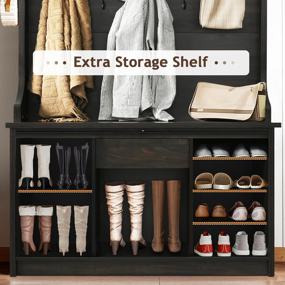4ever2buy Farmhouse Hall Tree with Bench & Shoe Storage,Oak