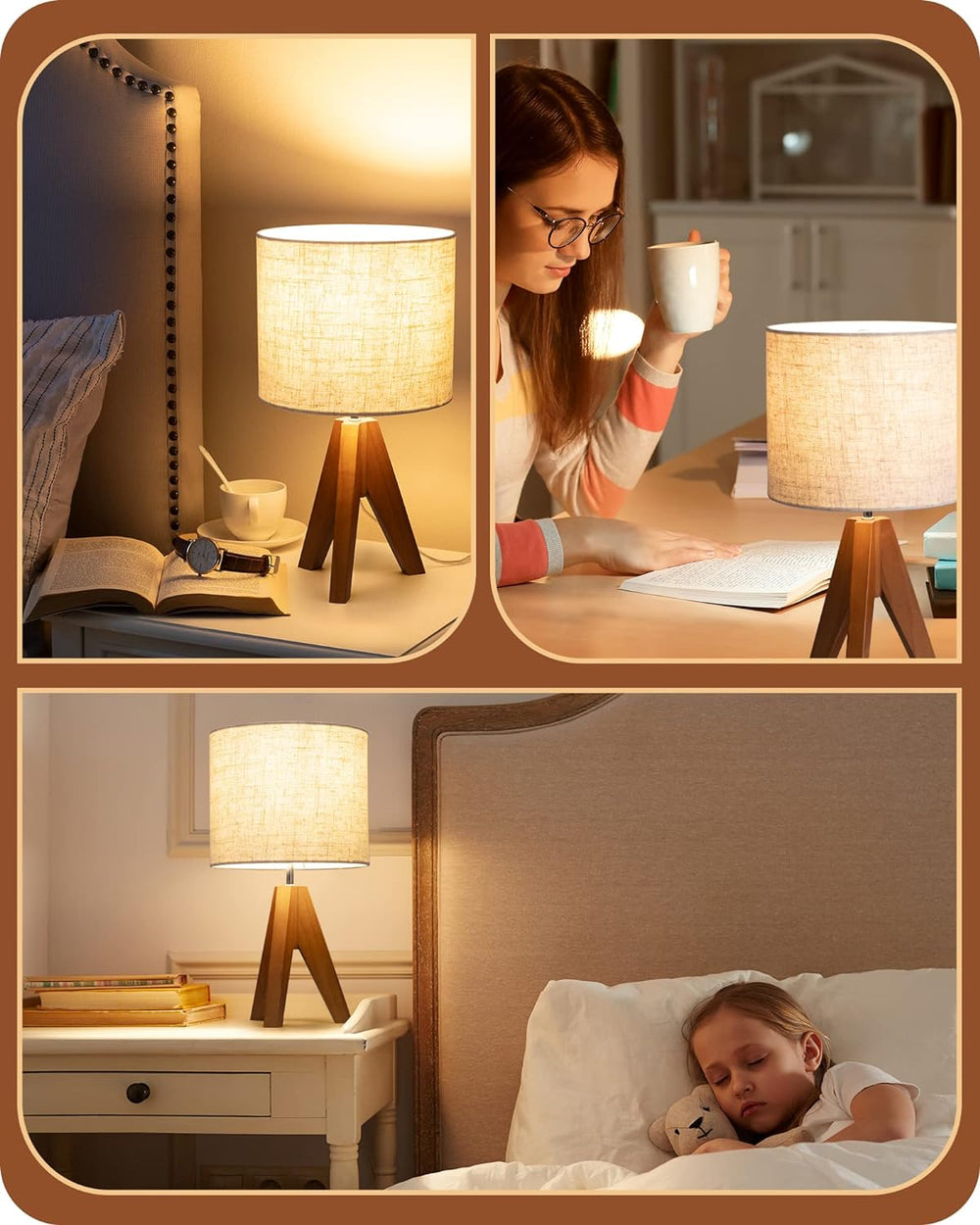EDISHINE Small Table Lamp, Wooden Tripod Nightstand Lamp, 14.2", 2 Pack