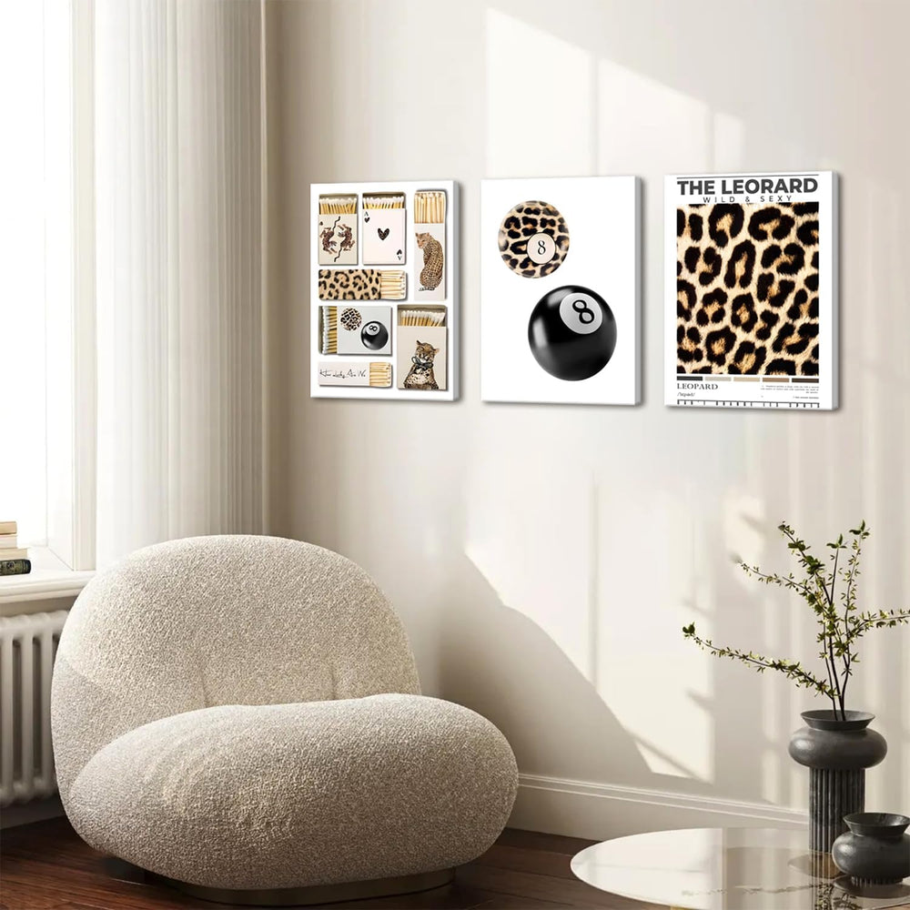 Framed Trendy Leopard Canvas Wall Art Set of 3, Preppy Cheetah Lucky 8 Ball P...