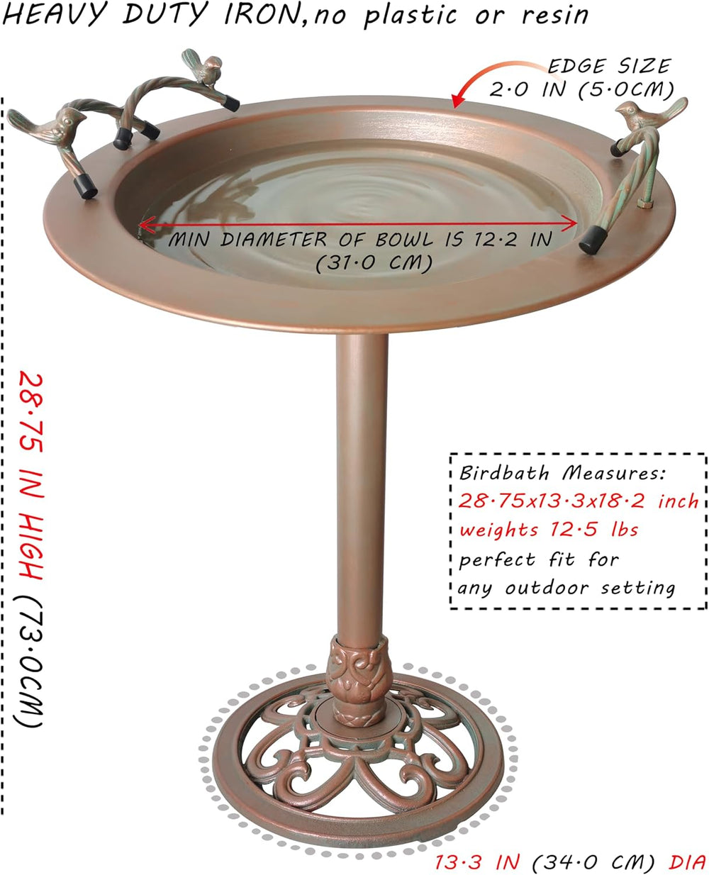BSTGIFTS Metal Bird Bath - Iron Birdbath 28.5" H, Bird Bath for Water Fo...