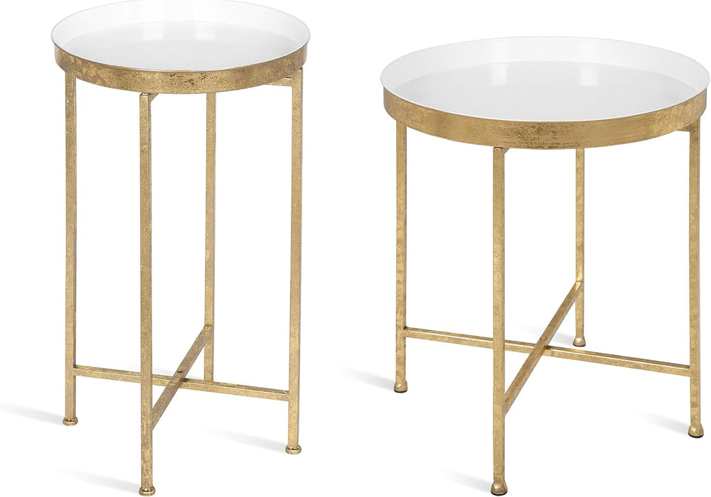 Kate and Laurel Celia Round Metal Foldable Tray Accent Table, White with Gold...