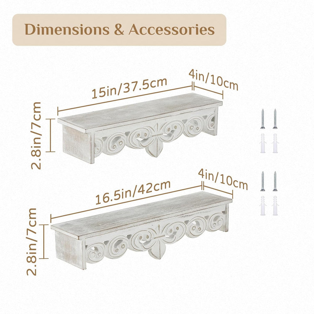 Whitewashed Floating Wall Shelves: Wood Carved Corbel Details