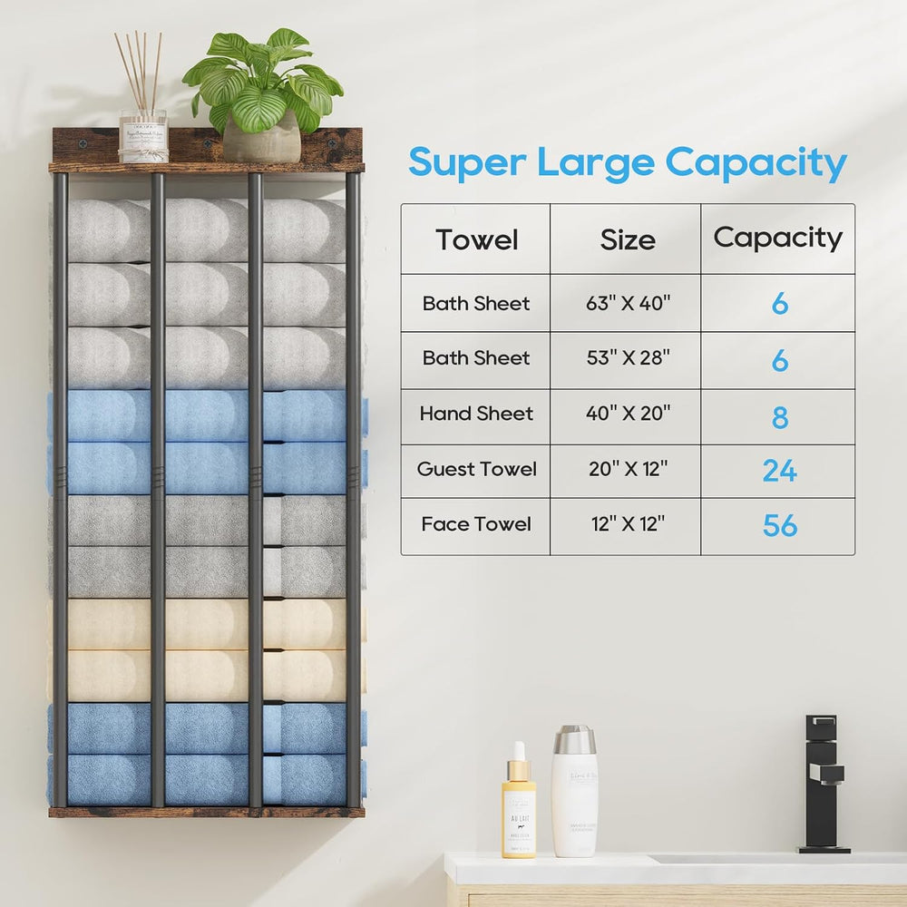 Wall Mounted 4-Bar Towel Rack with Wooden Shelf, Bathroom Storage Holder