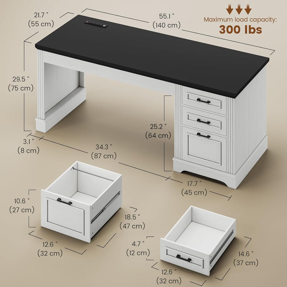 Itaar Farmhouse 55" Executive Desk, Computer Desk with Storage Drawers a...