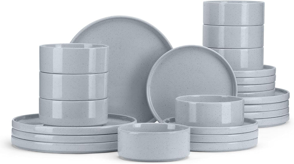 E-far Dinnerware Sets for 8, 24-Piece Stoneware Plates and Bowls Set, Gray