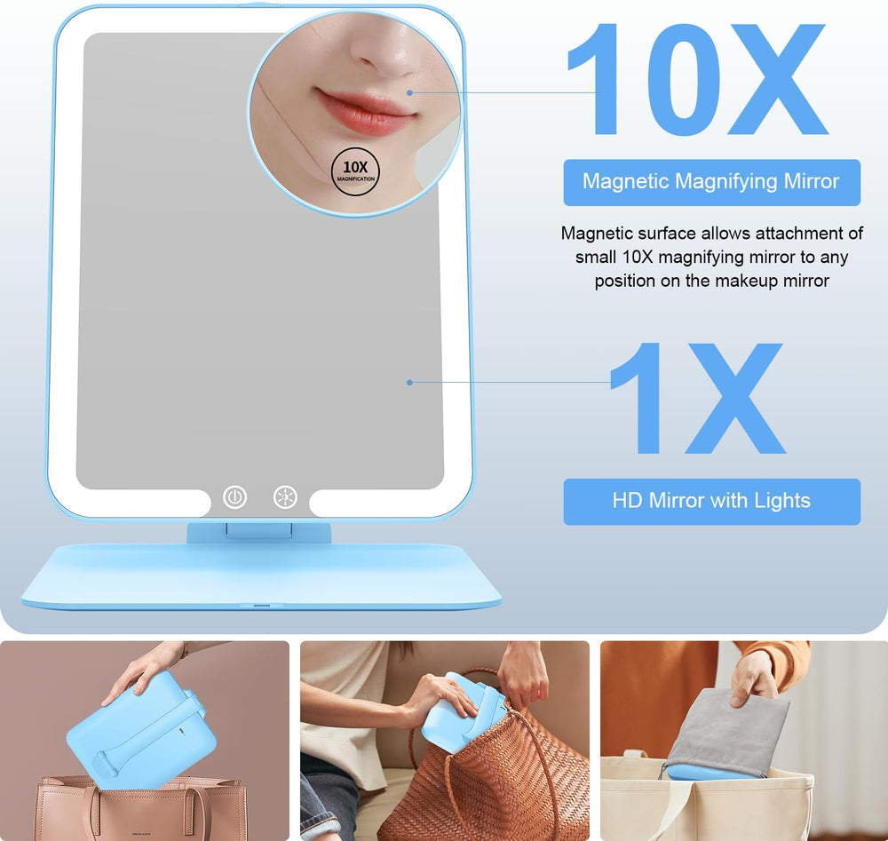 Gospire Travel Makeup Mirror with 3 Lights and Magnification 10X, Blue