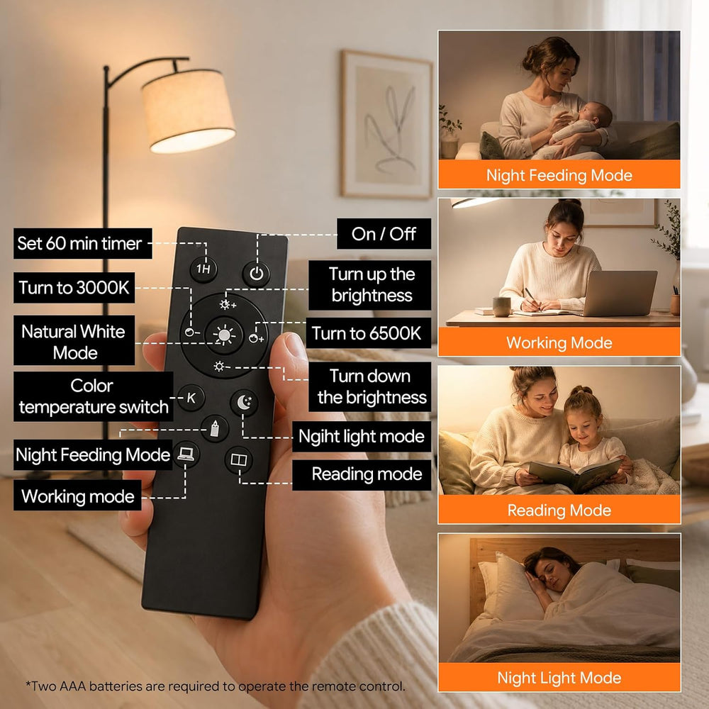 BySea Dimmable Arc Floor Lamp, Adjustable Over Couch Lamp, Remote Control