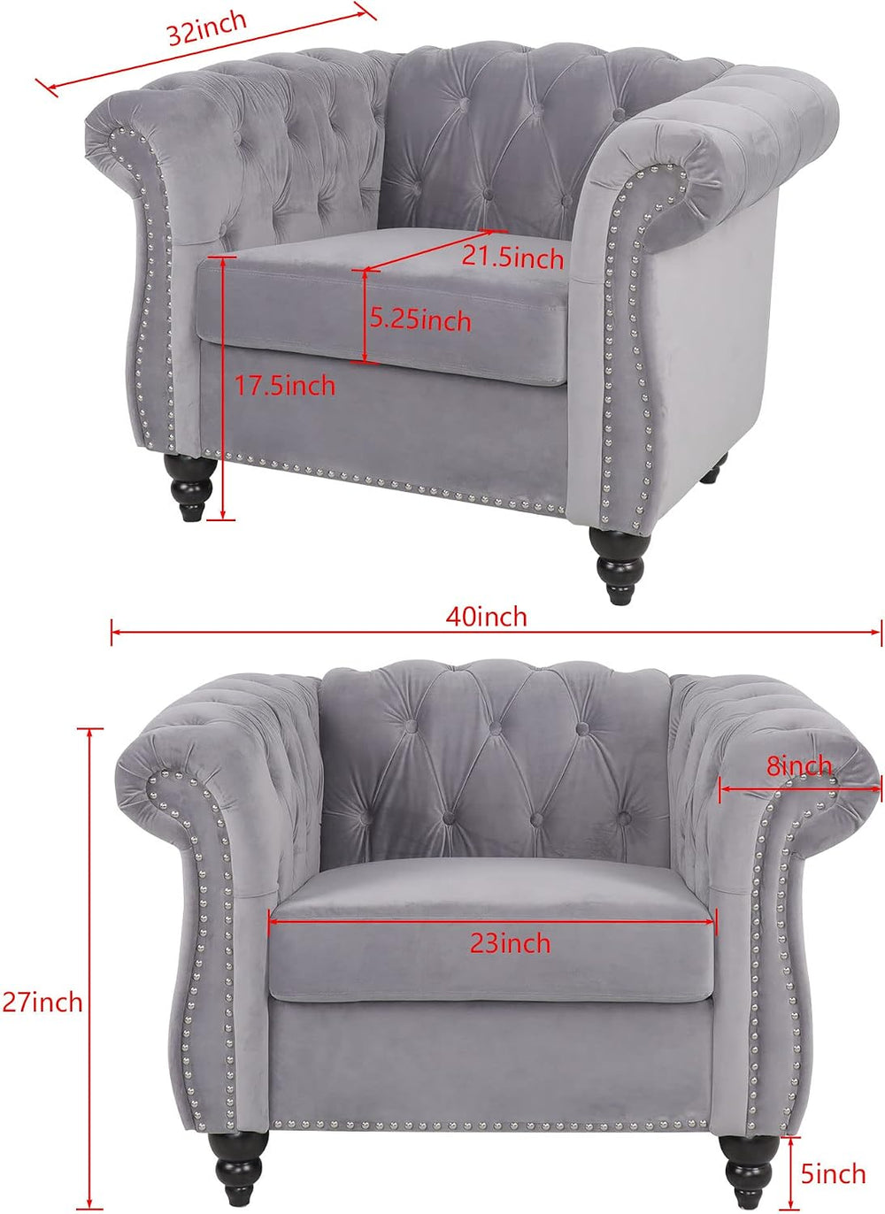 LEVNARY Velvet Chesterfield Chair, Mid-Century Modern Single Sofa Chair with ...