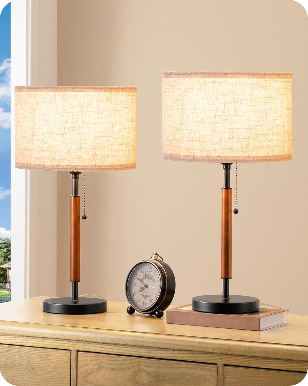EDISHINE Mid Century Table Lamp Set of 2, Pull Chain Switch, Metal Base