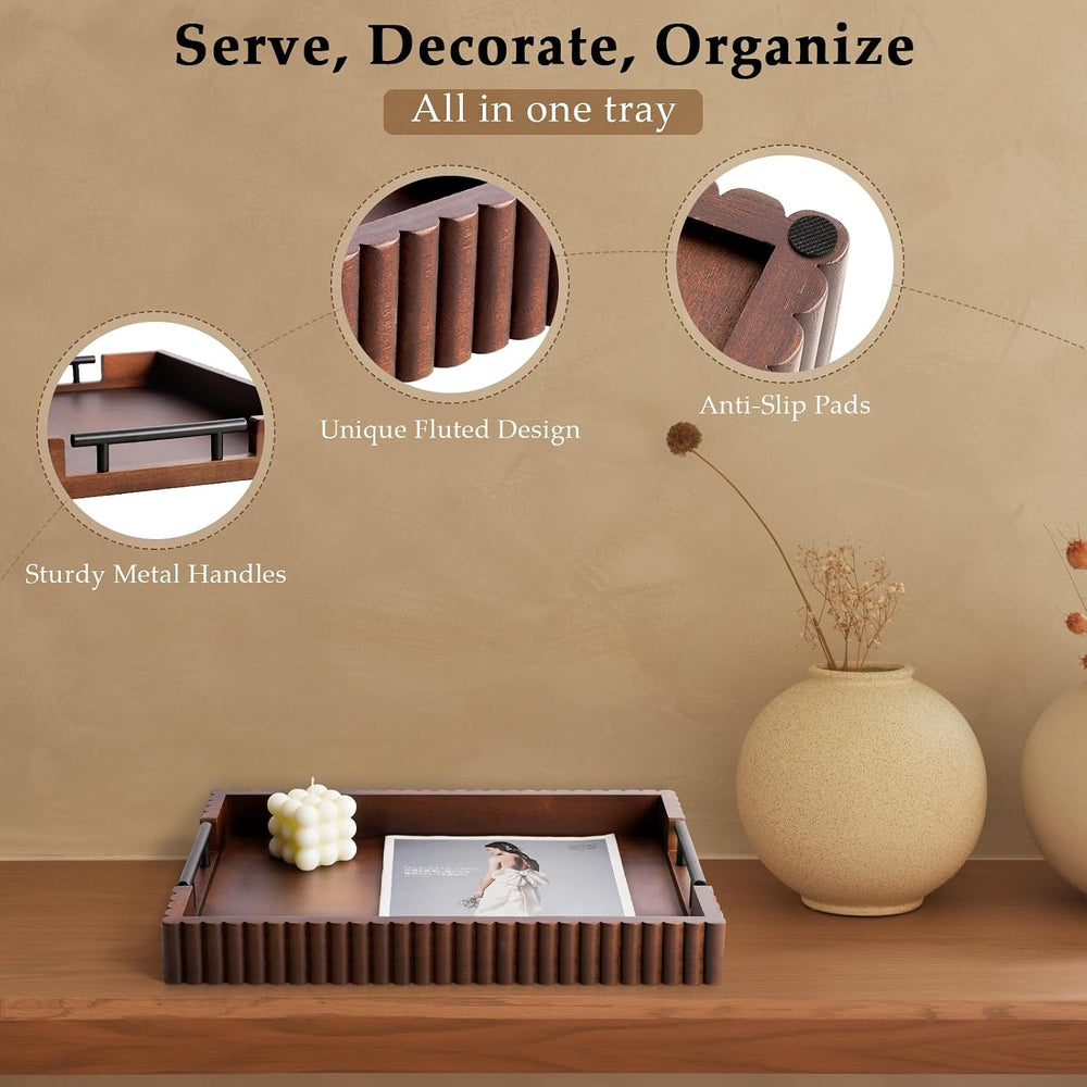 Serving Tray for Coffee Table Decor, 16.7" Decorative Ottoman Tray, Walnut