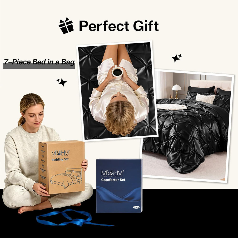 MR&HM Satin King Size Comforter Set Black, 7-Piece Pintuck Bed in A Bag