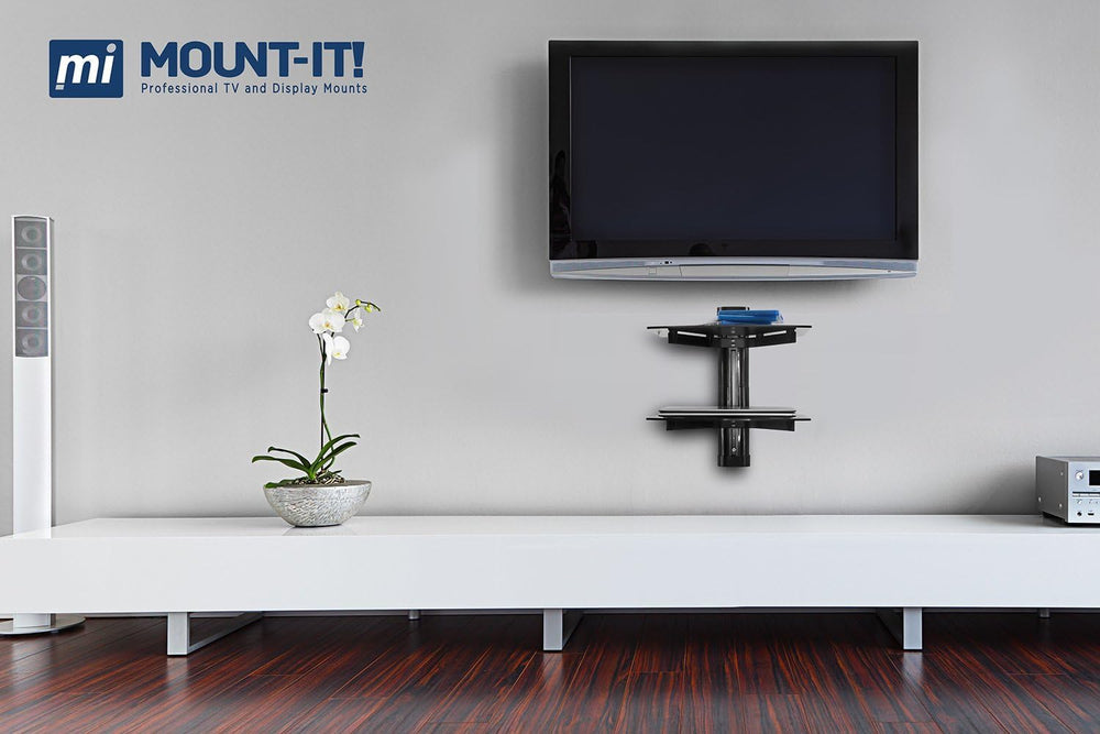 Mount-It! 2-Tier Floating TV Shelf, Tempered Glass, Wall Mount, Black