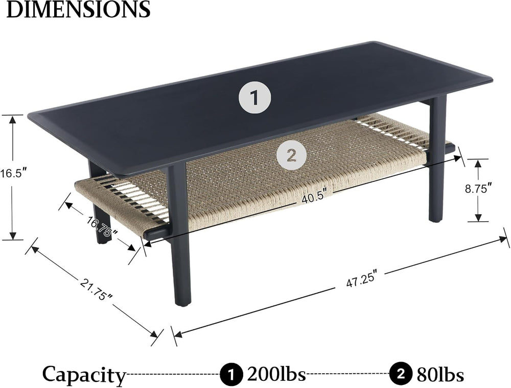 2-Tier Rattan Coffee Table, 47" Rectangle Wood Center Table, Black