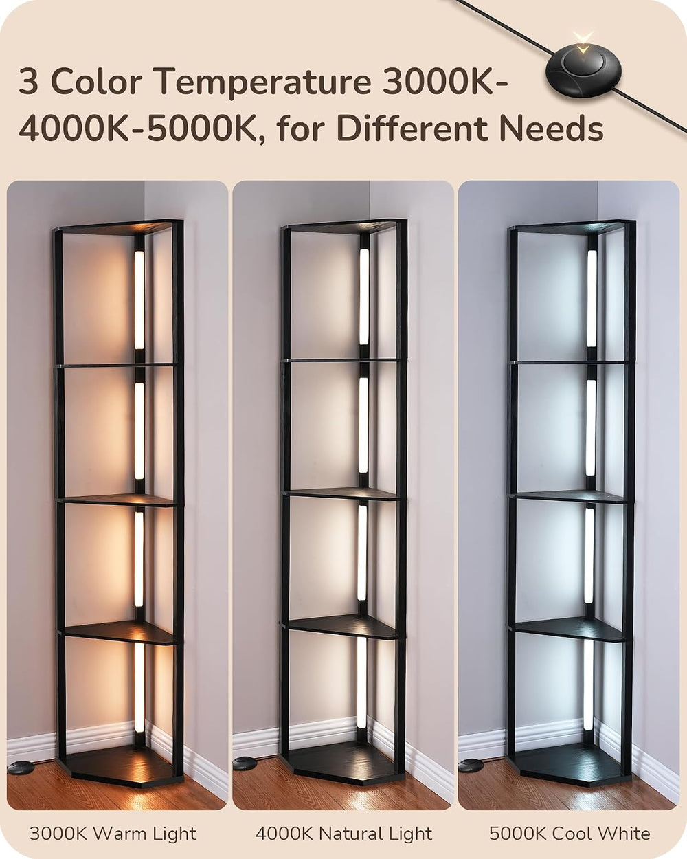 EDISHINE 64'' Corner Display Shelf Floor Lamp, 3CCT, Floor Lamp, Black