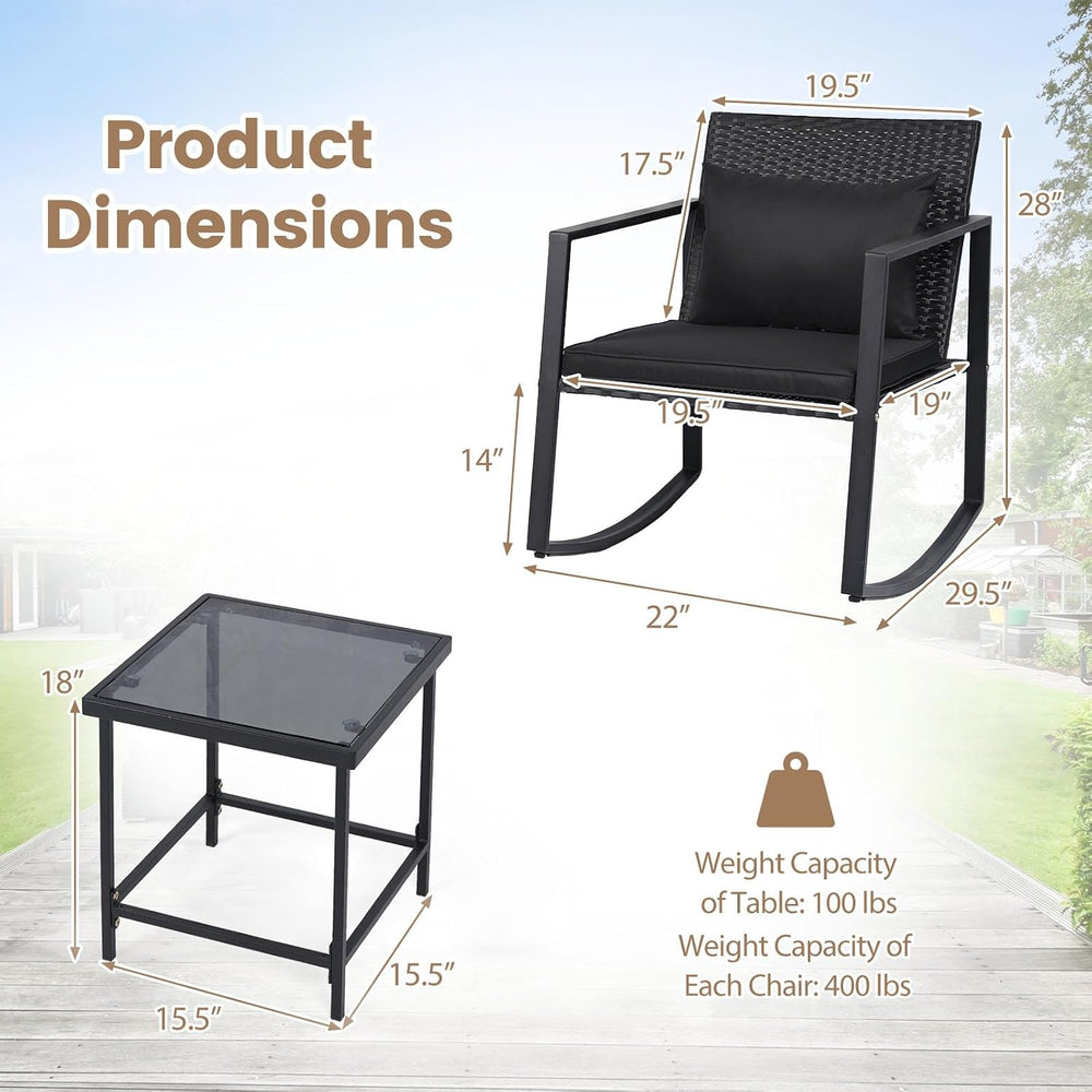 Tangkula 3-Piece Outdoor Rocking Chair Set, Black Cushion
