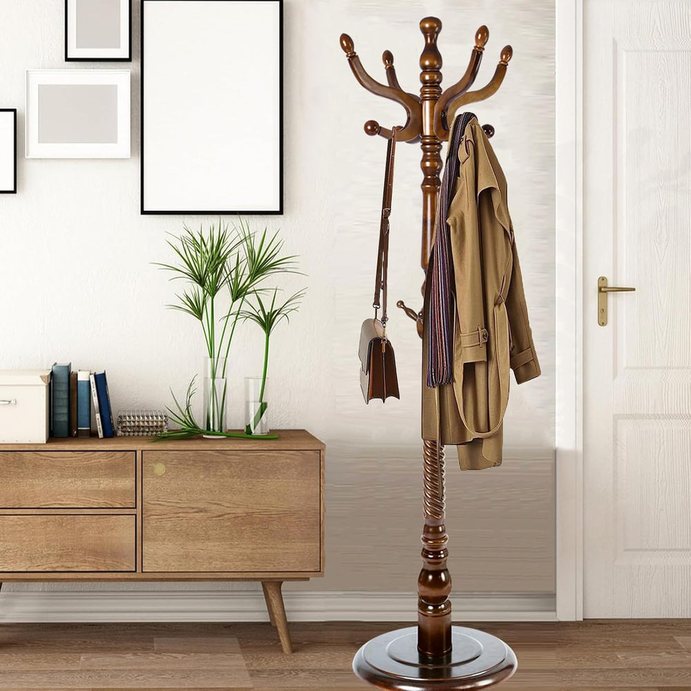 Coat Racks Free Standing with 14 Hooks, Natural Wood Coat Stands for Entryway...