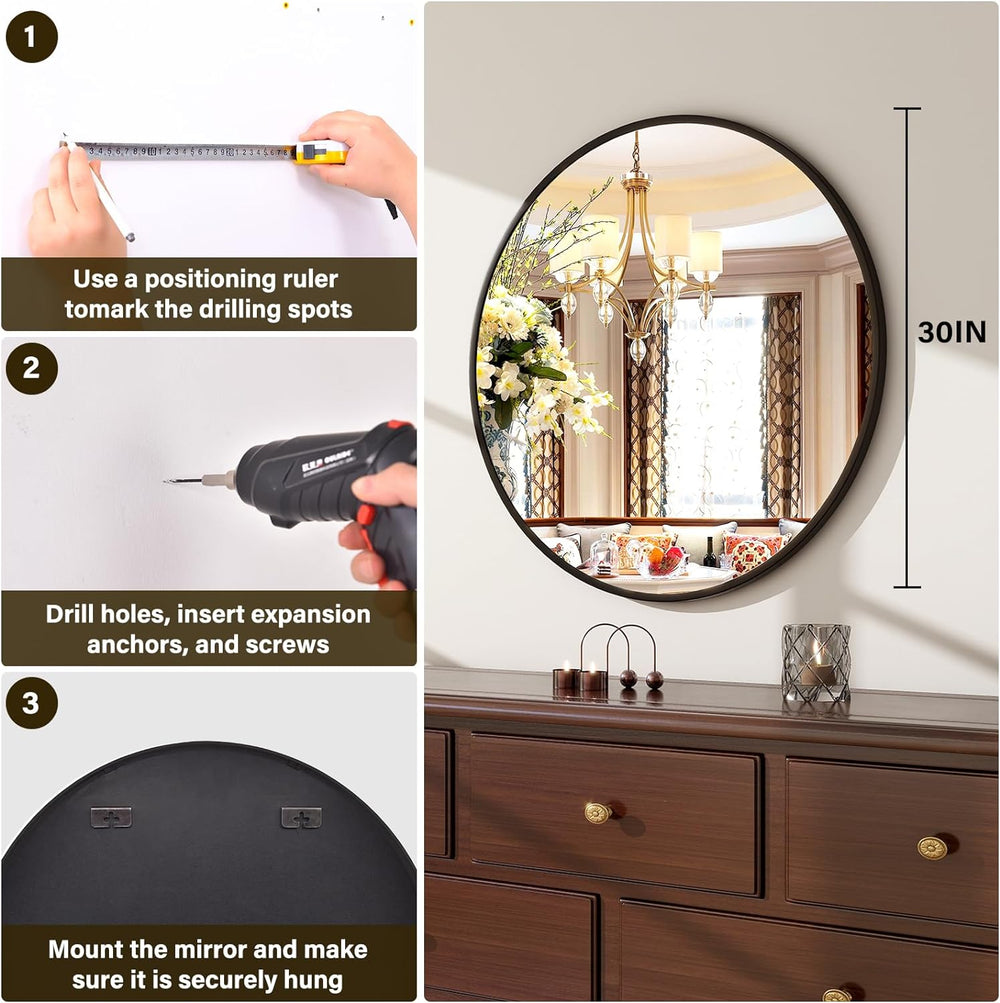 XRAMFY 30 Inch Round Mirror-Black Circle Mirrors for Bathroom, Entryway