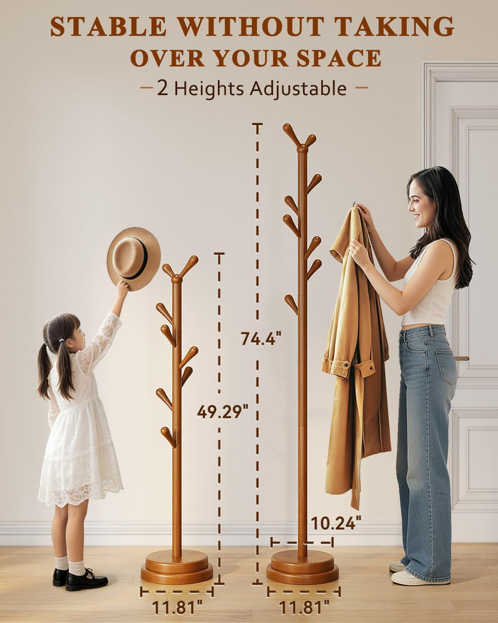 STARSAGA Solid Wood Coat Rack Freestanding Coat Tree with 8 Hooks