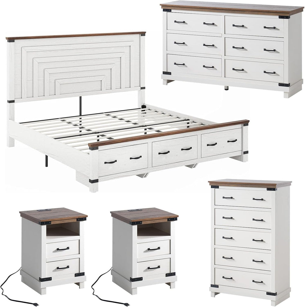 AMERLIFE 5-Piece Farmhouse Bedroom Set, Rustic Wood King Bed Frame with 51&qu...