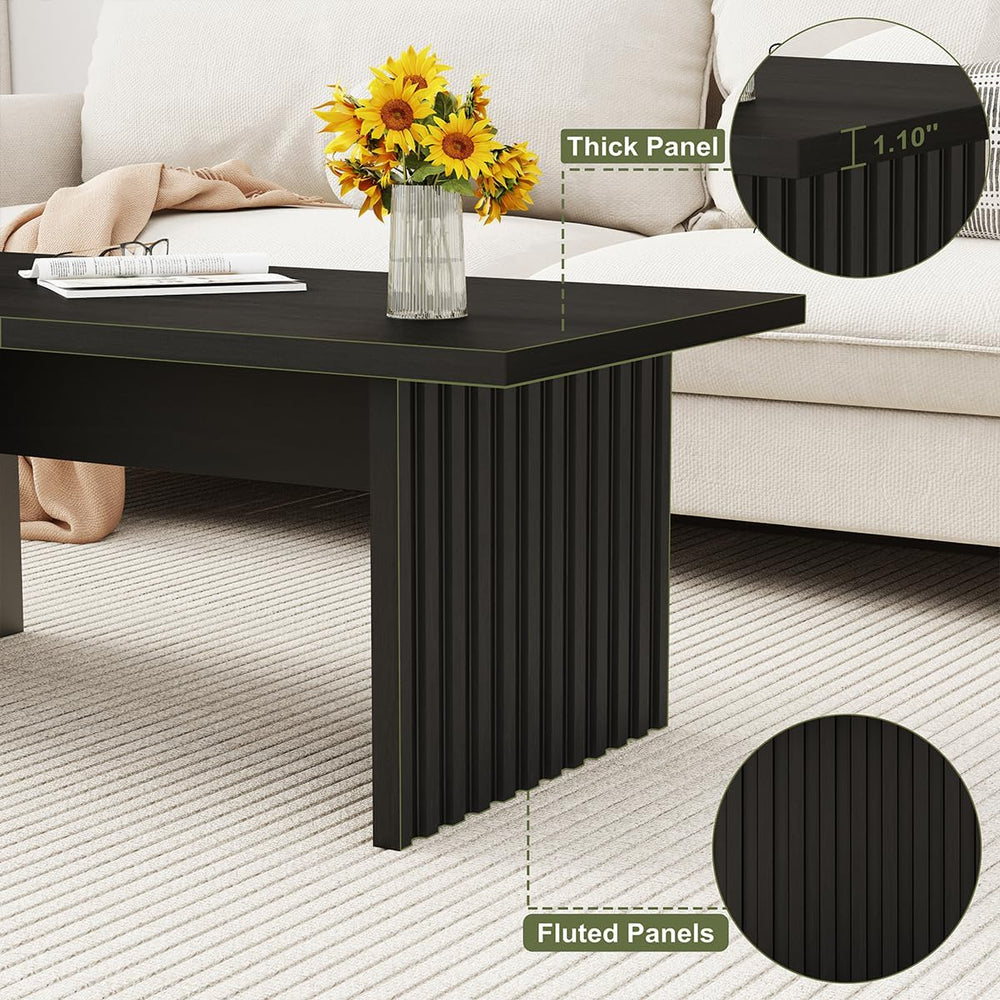 BON AUGURE Black Coffee Table, 43 Inch Fluted Living Room Tables, Modern