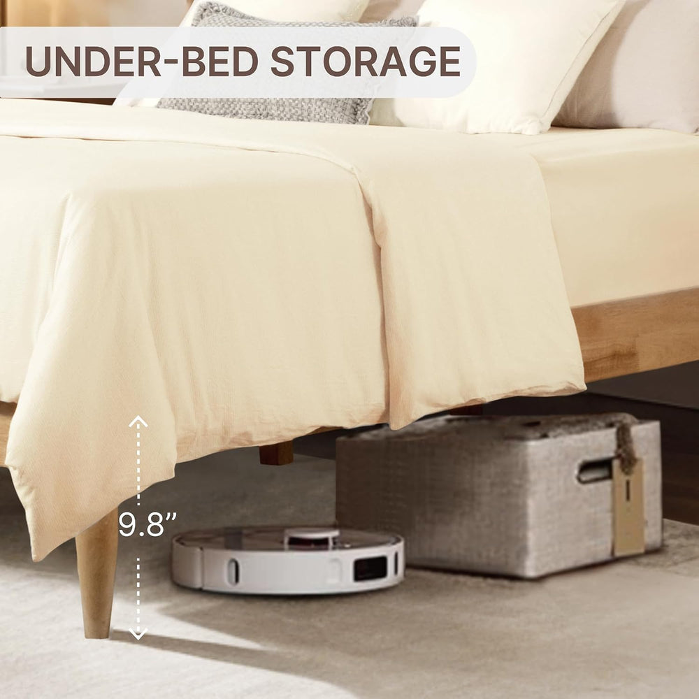 KISLOT Wood Bed Frame with Upholstered Headboard, Cream, King
