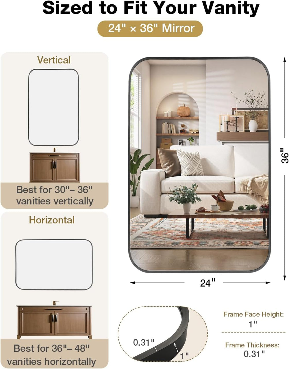 24"x36" Brushed Gold Bathroom Mirror, Rectangle Vanity Mirror for O...