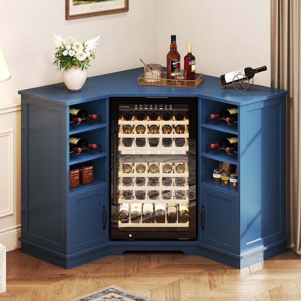 HSH 40" Corner Bar Cabinet with Fridge Space, L Shape Wine Cabinet, Blue